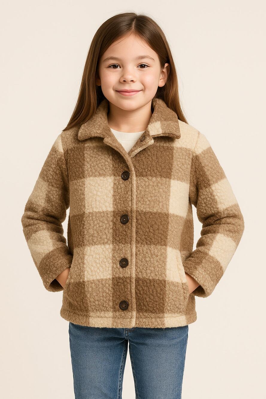 Cozy Plaid Sherpa Jacket Brown Cream Check Kids Size 140 (10)